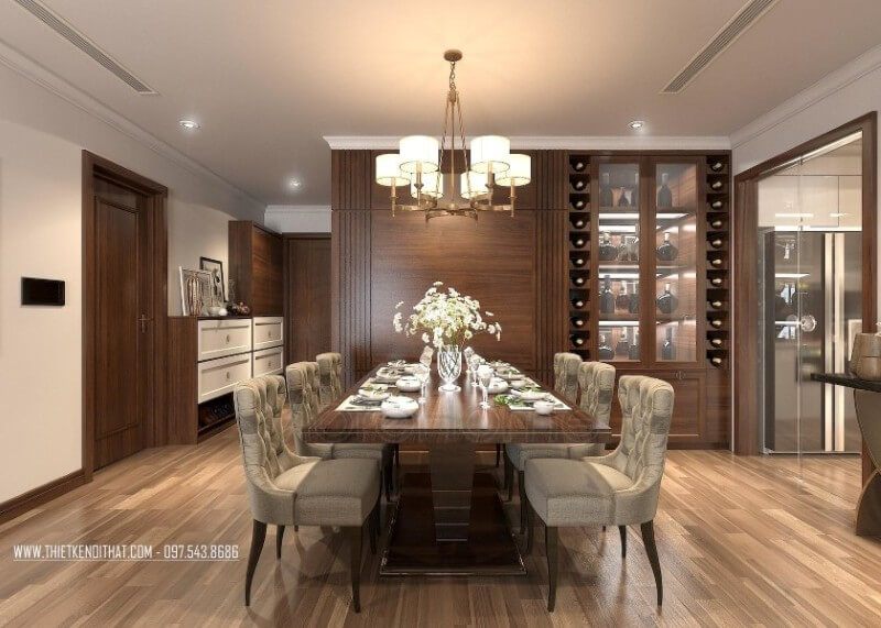 . Gia chủ thích thú với chất liệu gỗ tự nhiên và thường chọn nó làm vật liệu thiết kế nội thất phòng ăn chung cư của họ. Điều này giúp tạo ra một không gian sống đẹp mắt và thể hiện sự gu thẩm mỹ của gia chủ, cũng như mang lại những bữa cơm ngon miệng cho thành viên trong gia đình.
